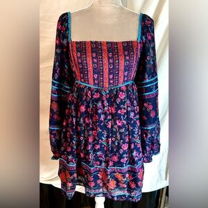 NWT Free People Navy, Pink Floral Statement Sleeve Cotton Mini Dress, Size L
